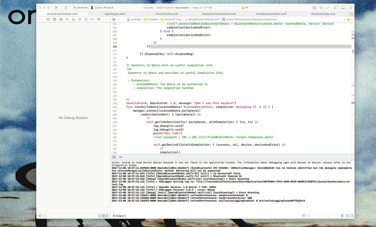 OMATA BLE Tool in Xcode showing Bluetooth connection code and diagnostic output.