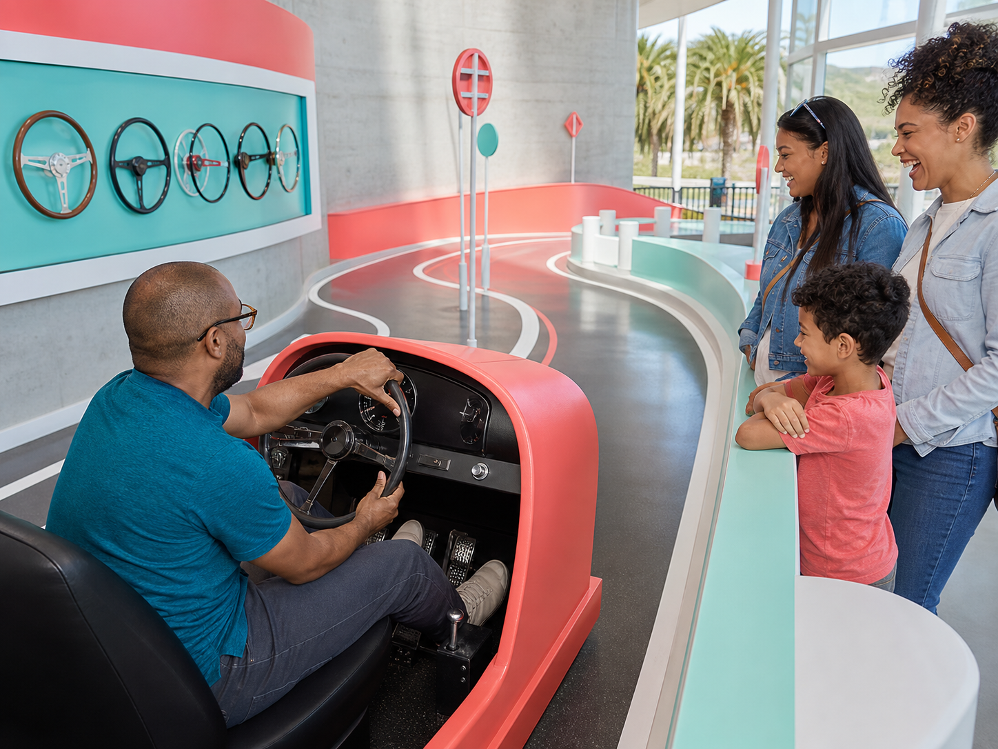 A visitor turns a steering wheel through a small K-turn course while a family watches and smiles.
