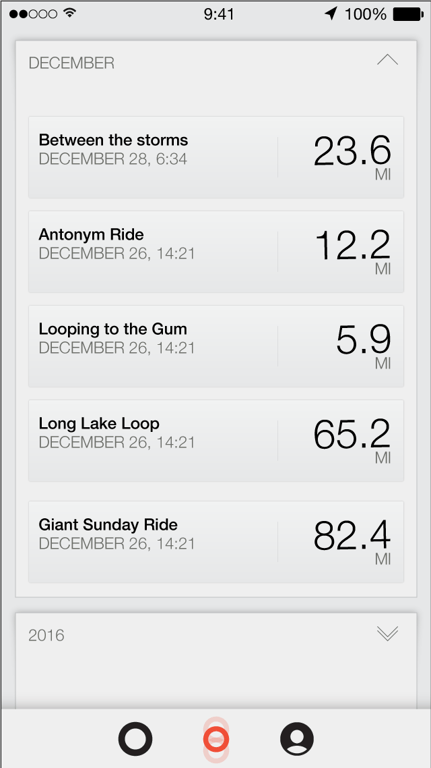 Interface exploration 05 — A quieter gray ride list with named routes.