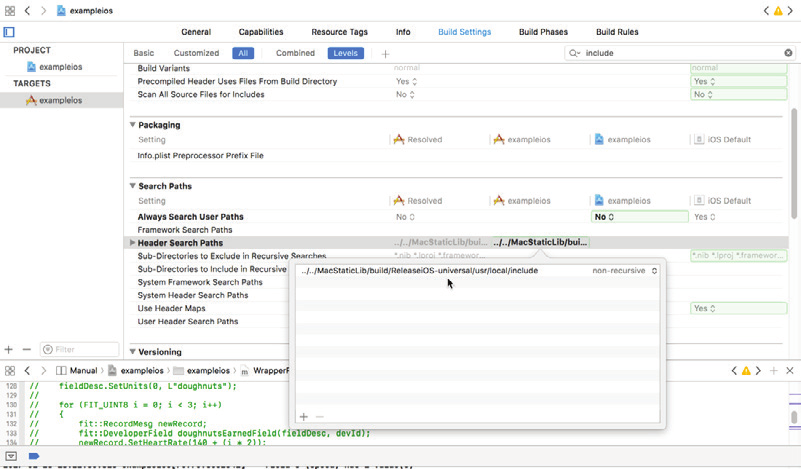 Xcode showing FIT SDK header search paths and C++ wrapper source.