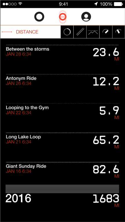 Interface exploration 09 — Black ride list with white distance figures.