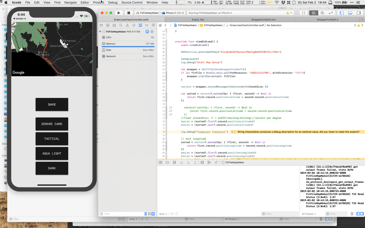 Xcode and the iPhone simulator showing OMATA route data, map styling controls, and a ride route.