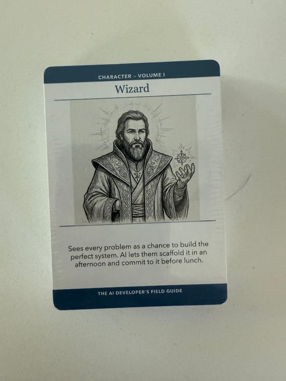 Photograph of a Wizard character card included with The AI Developer's Field Guide, illustrated with a robed wizard and a short description.