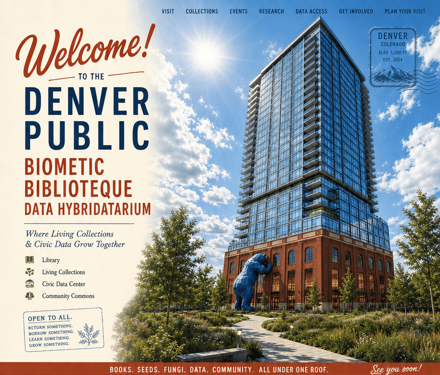 Denver Public Biometic Biblioteque exterior with red brick base, glass tower, gardens, and blue bear sculpture