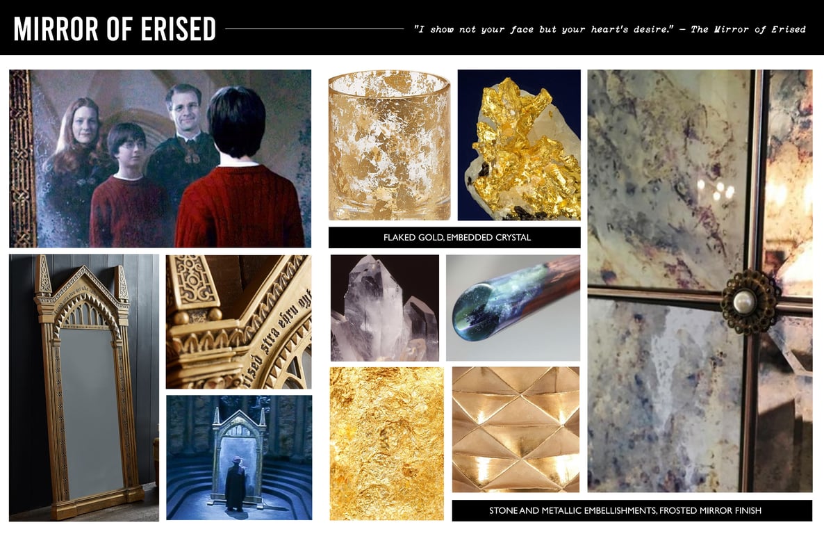 Material and visual reference board for a Mirror of Erised wand experience.