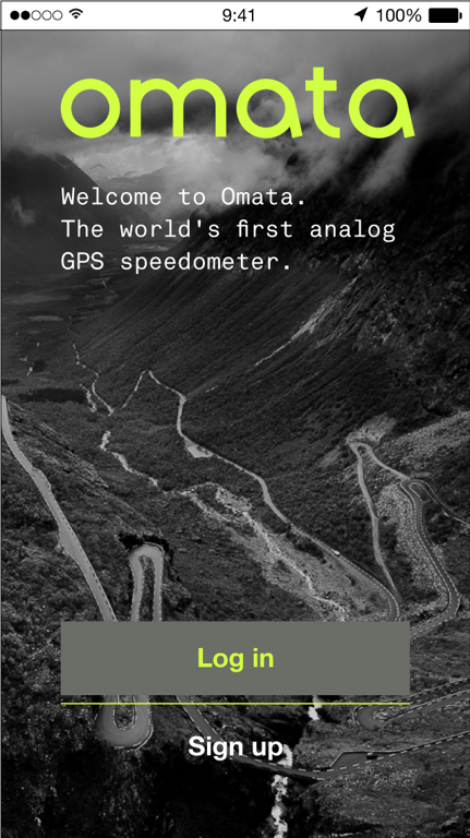 Interface exploration 14 — Photographic mountain-road welcome screen.