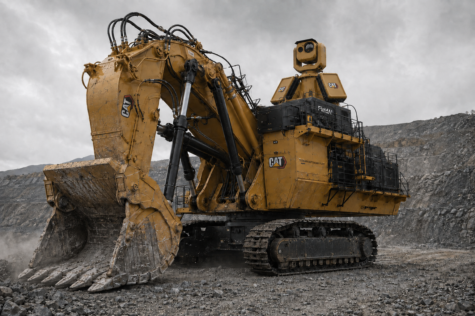 A giant cabless CAT hydraulic mining shovel stands in a rocky open-pit mine. Above its black FieldAI equipment housing is a large yellow sensing assembly with a pivoting optical head, thick supporting yoke, braced pedestal and two sloping CAT-branded side housings. Its massive boom, bucket and steel crawler tracks remain fully visible.