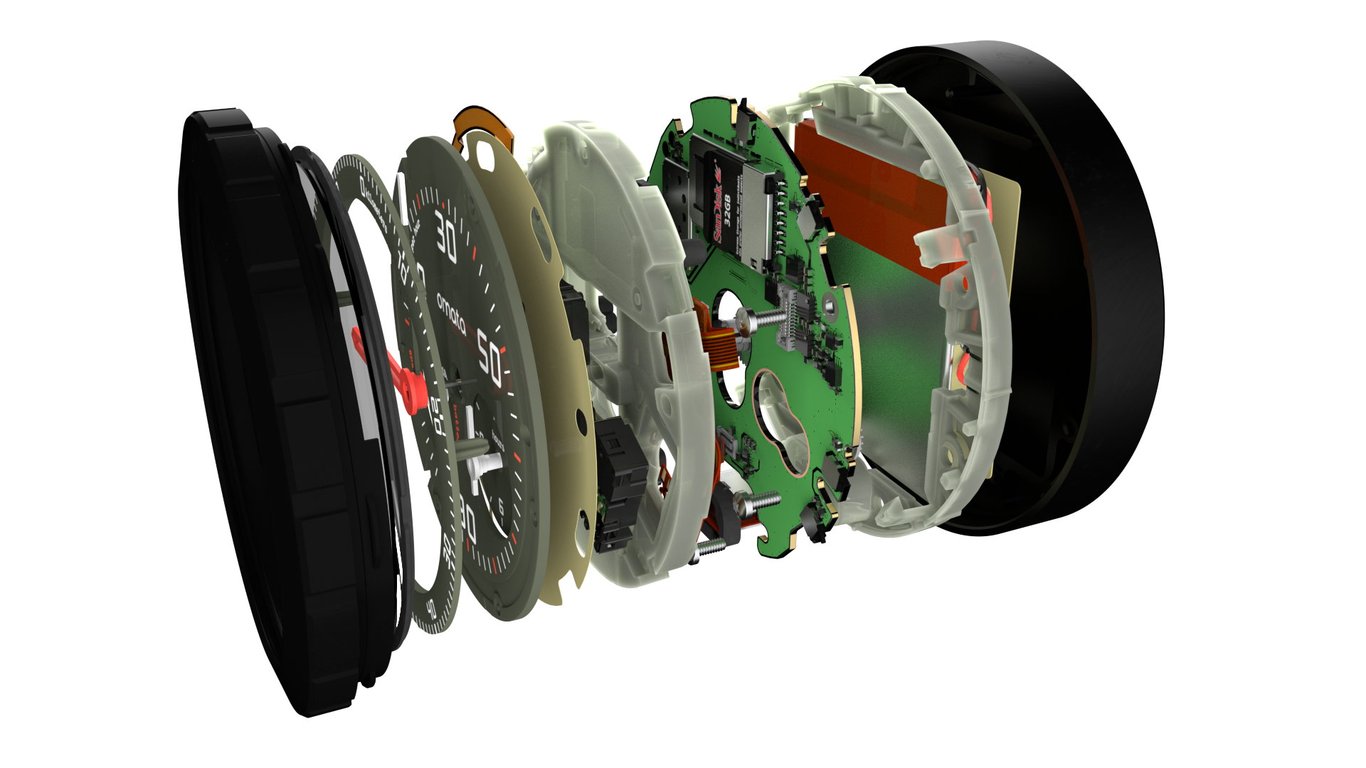 Exploded view of the OMATA One cycling computer.
