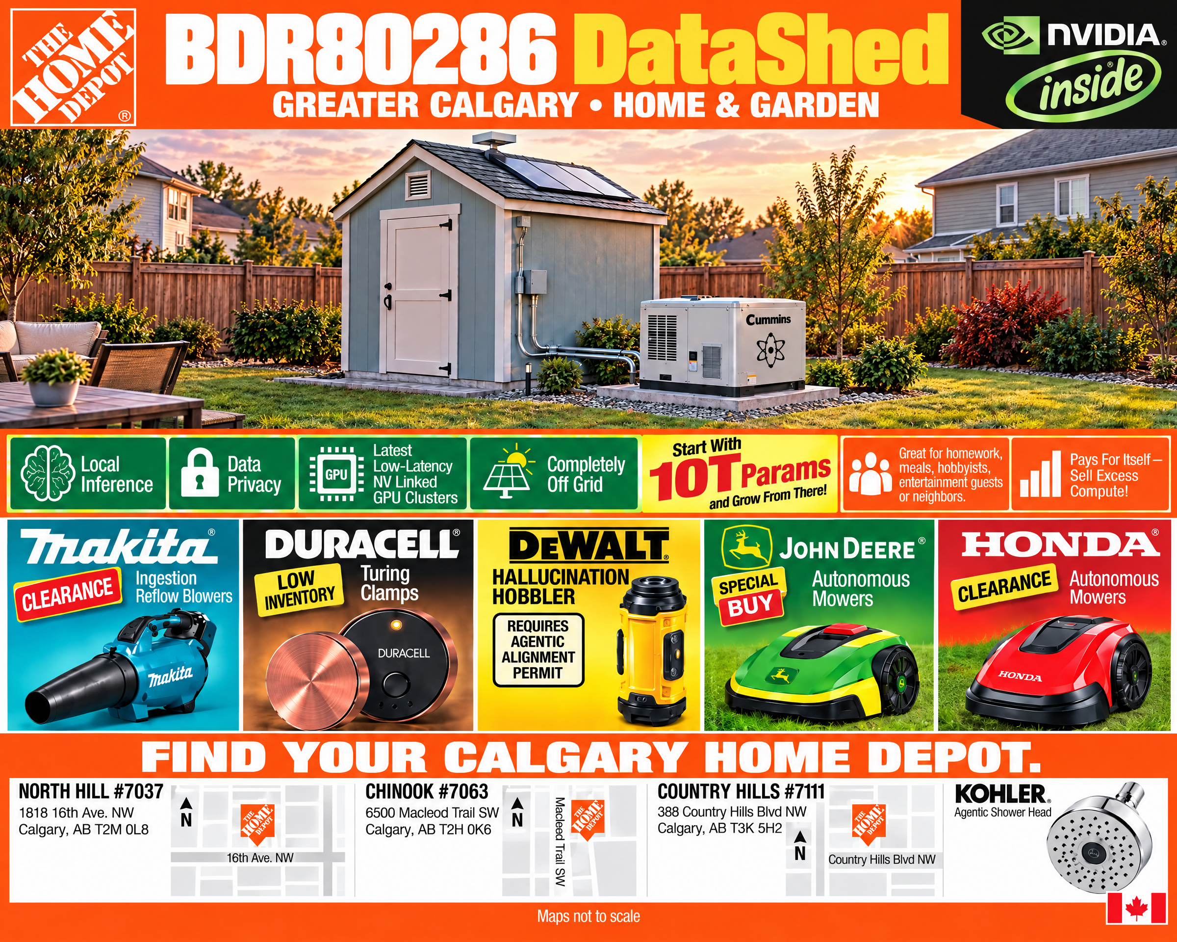 Landscape Home Depot BDR80286 DataShed advertisement showing a solar-roofed backyard shed, a Cummins power supply with an atom emblem, five product panels,
and Calgary store maps.