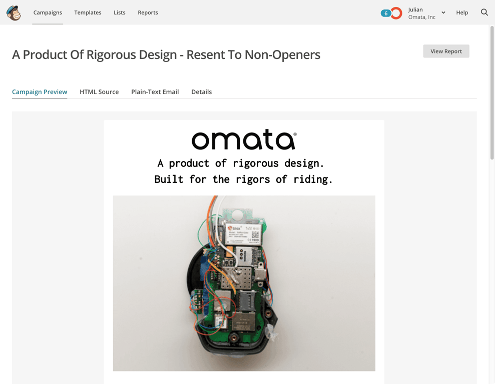 A Mailchimp OMATA campaign preview showing the phrase A product of rigorous design and a photograph of the exposed product electronics.