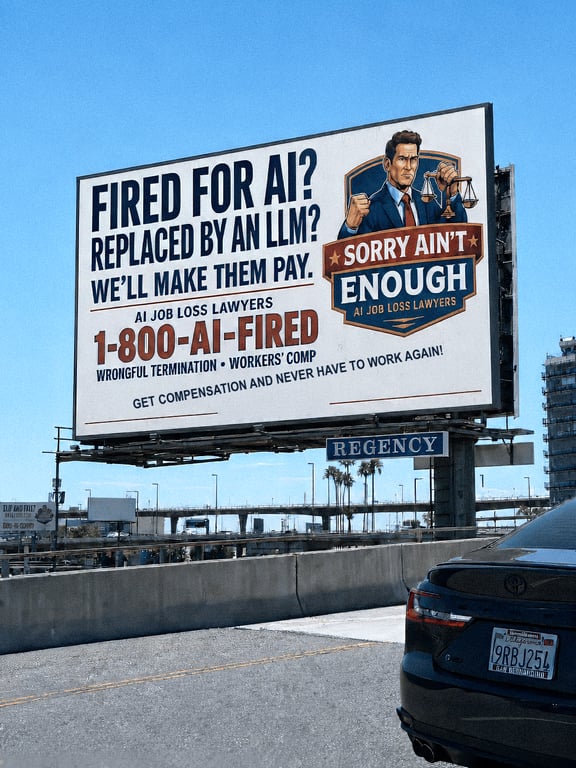 Billboard advertising AI job loss lawyers with a slogan and phone number.