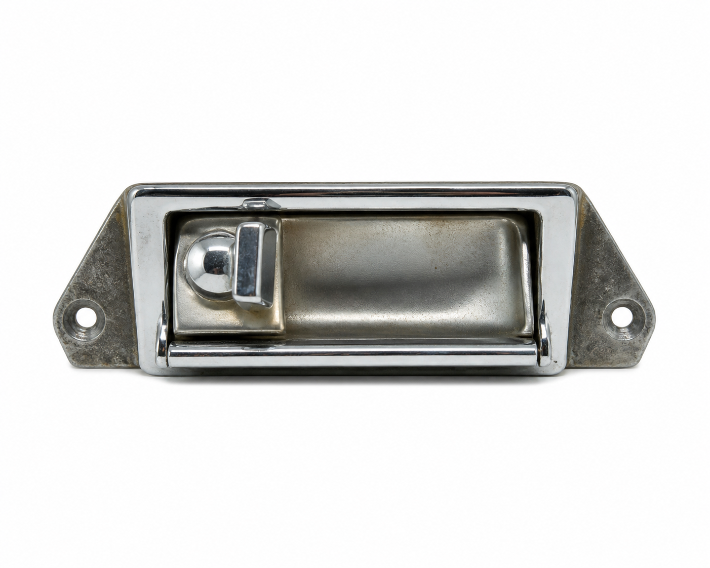 Isolated compact seatback-mounted automobile ashtray with a rectangular chrome-trimmed flap on a white museum catalog background.