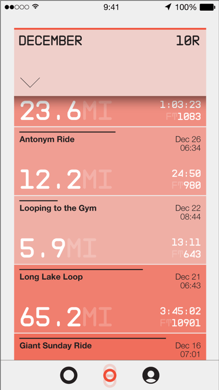 Interface exploration 02 — Coral ride list with large distance figures.