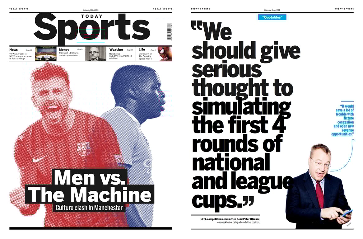 Two pages from Winning Formula a Design Fiction newspaper from a possible future of sport.