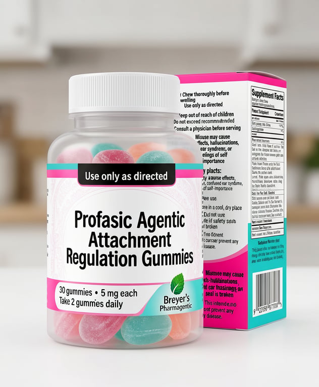 A bottle of Profasic Agentic Attachment Regulation Gummies with a box in the background.