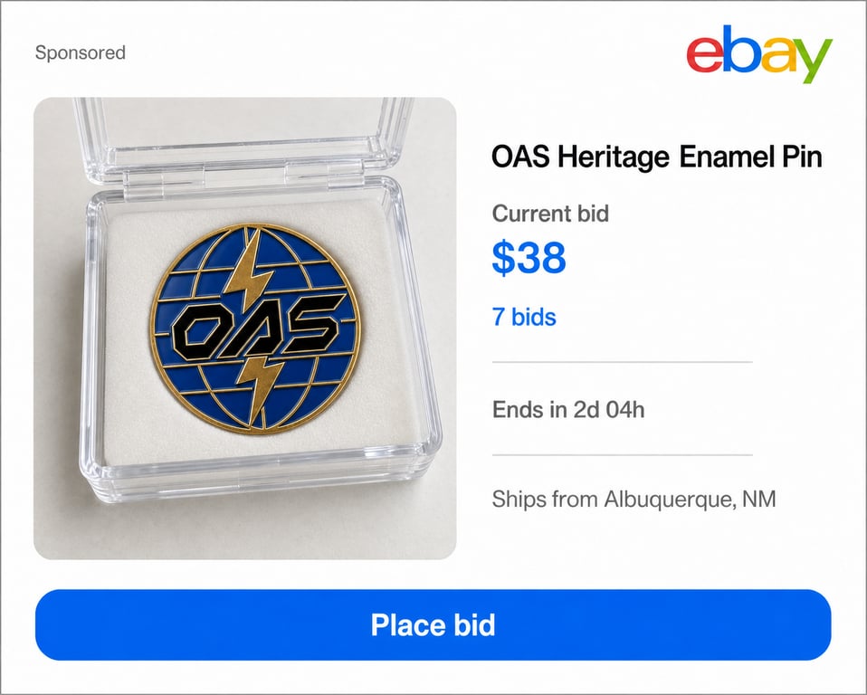 eBay-style sponsored listing using one photograph of the OAS Heritage Enamel Pin in its clear plastic case.