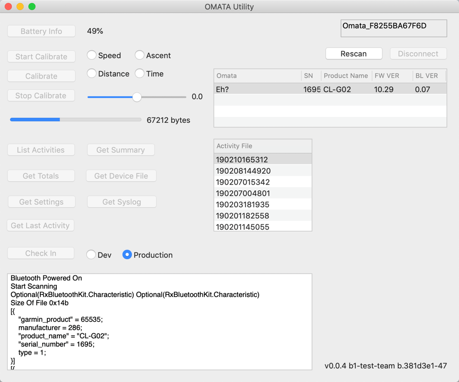 The OMATA Utility desktop tool showing calibration controls, a connected device, activity files, and diagnostic output.