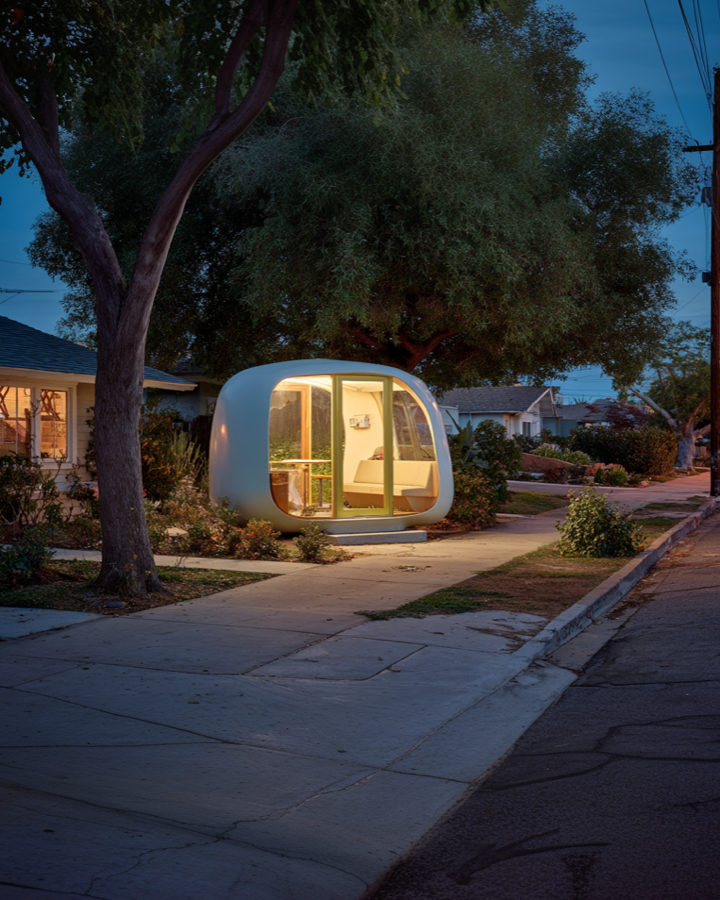 a kiosk capsule K67 designed by the Slovenian Architect Saša J. Mächtig as a neighborhood conversation kiosk designed to foster interaction and engagement in a world that has few ways of engaging with neighbors and strangers. It is sitting in front of a home on a suburban street in South Central Los Angeles