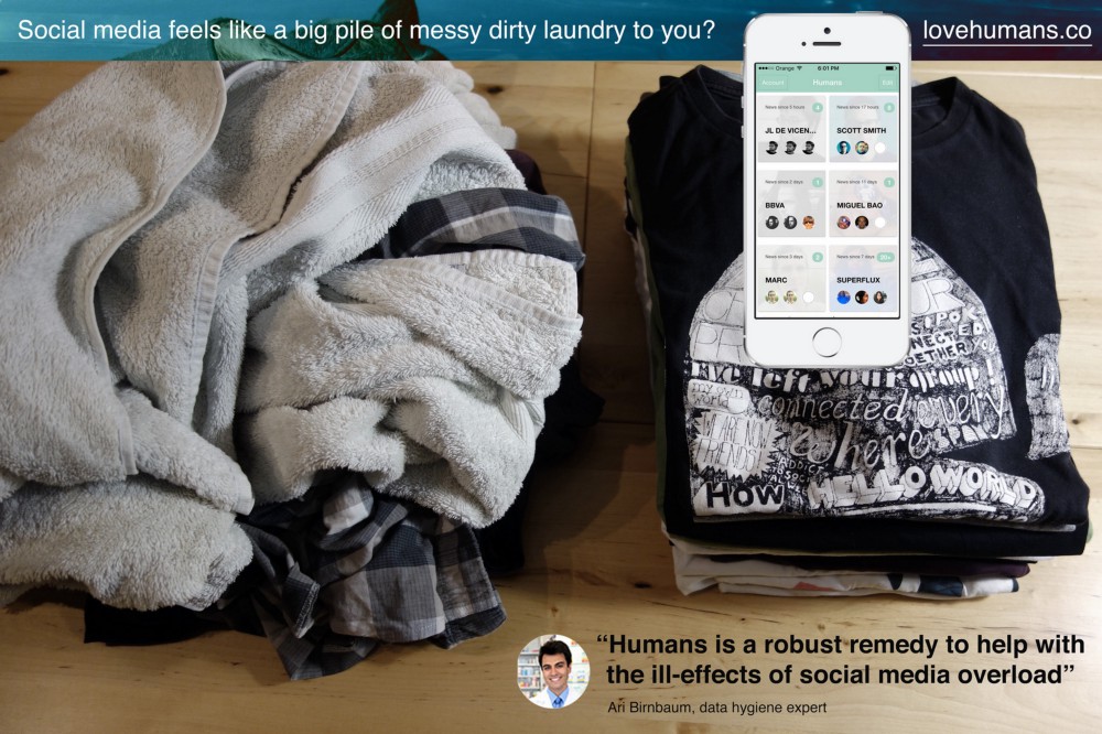 A Humans social media app advertisement showing an iPhone beside messy and folded laundry.