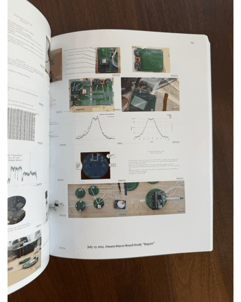 Pages from the book "260 Weeks of a Hardware Startup" by Julian Bleecker showing the OMATA One product and design process.