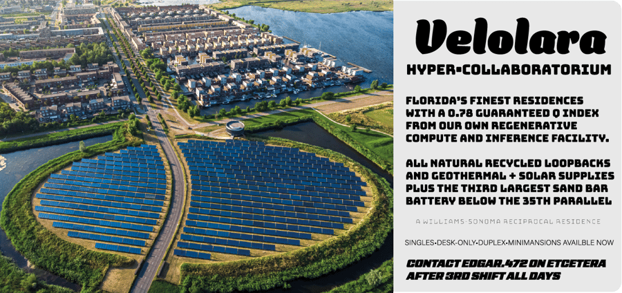 Velolara overview image of a residence village with solar panels, gardens, and communal spaces