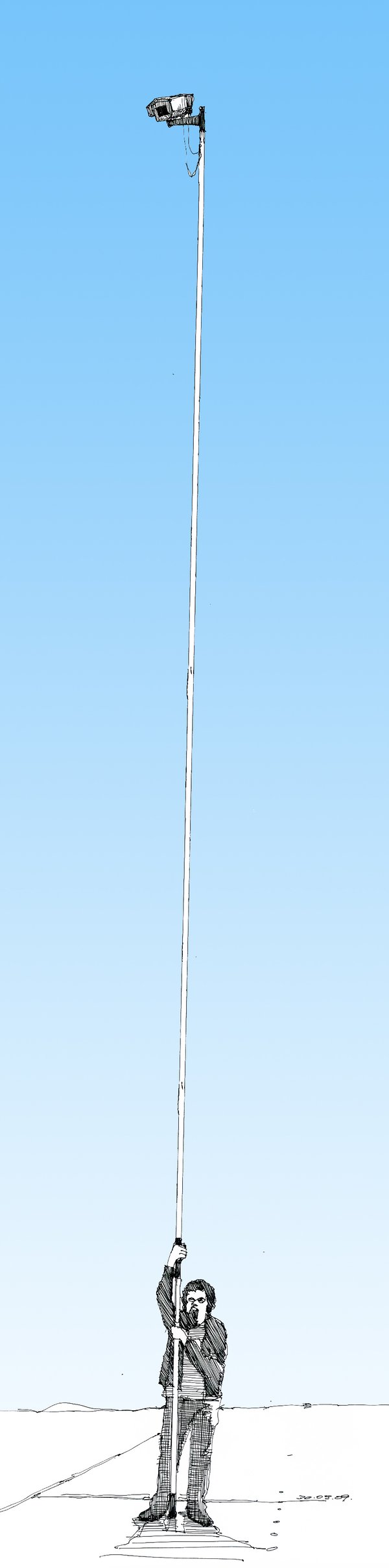 Drawn illustration of person holding a tall pole with a camera
on top against a blue sky.