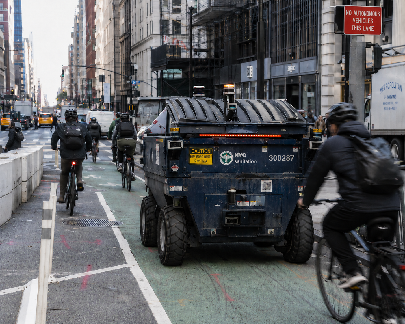 An autonomous dumpster driving in the bicycle lane of a busy New York City street with cyclists riding nearby.