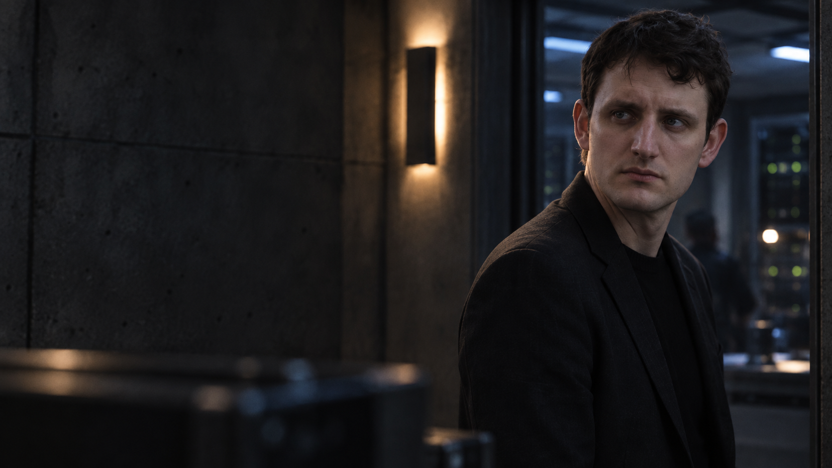 Zach Woods as Elon Musk watches the bunker from a shadowed doorway.