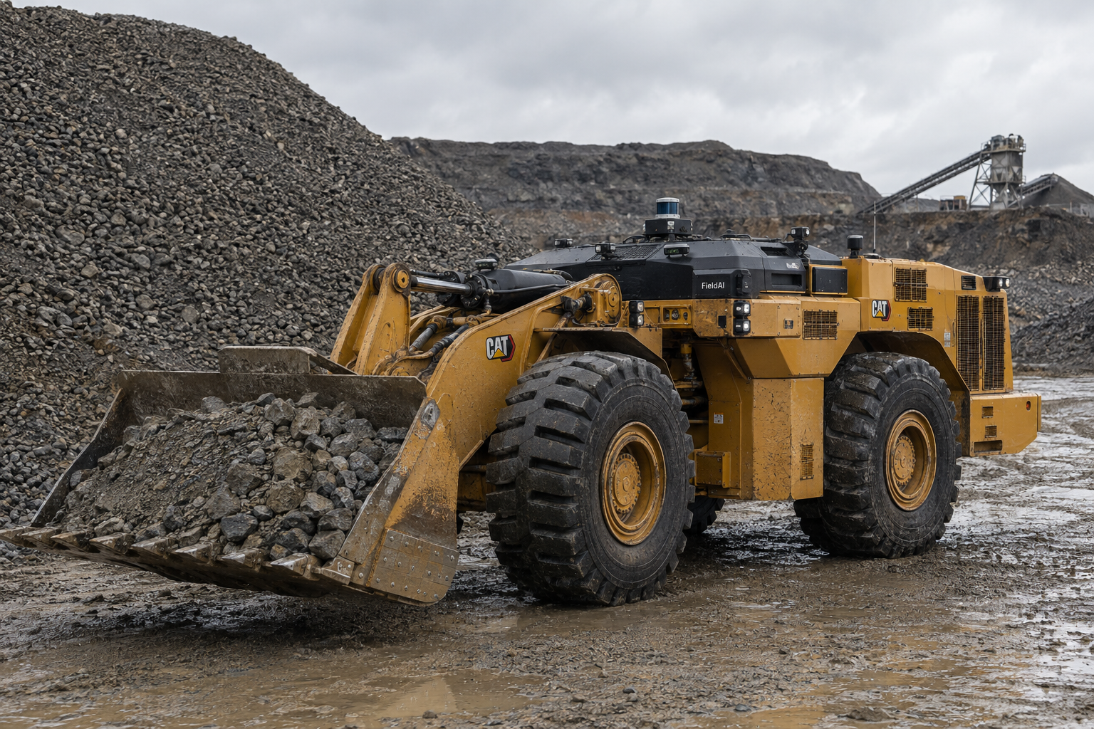 A large yellow CAT wheel loader carries aggregate beside a quarry stockpile. Four massive tires and an articulated chassis support a rock bucket and low black sensor deck, with no operator cabin.
