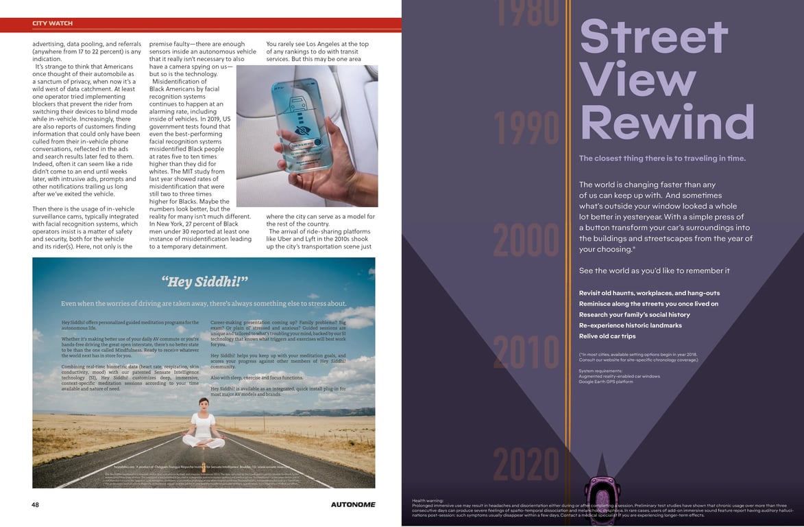 Spread from the Near Future Laboratory's magazine from a possible autonomous vehicle future