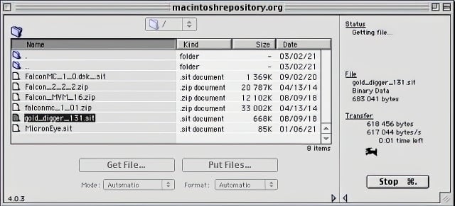 A screenshot of the old Mac OS program Fetch showing a file transfer in progress