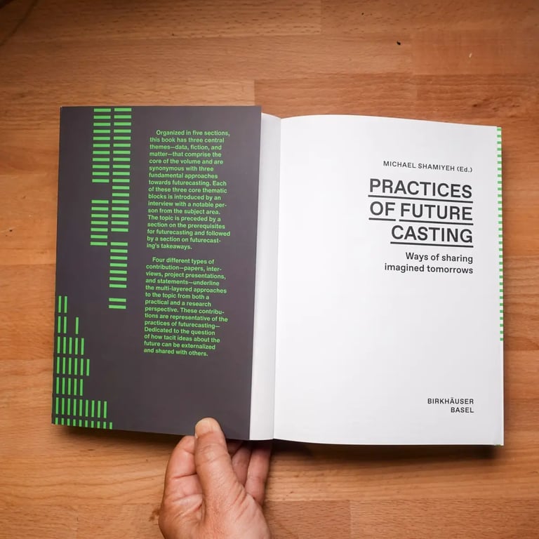 An image of the inside cover of the book <em>The Practices of Futurecasting</em>.