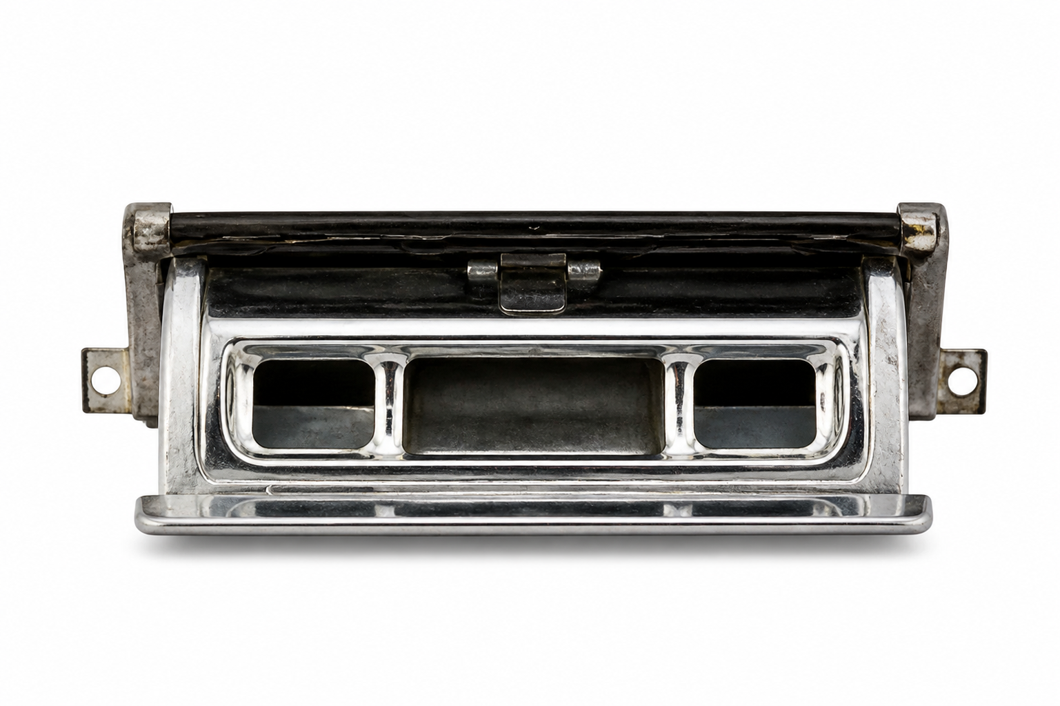 Isolated chrome-trimmed door-panel automobile ashtray assembly on a white museum catalog background.
