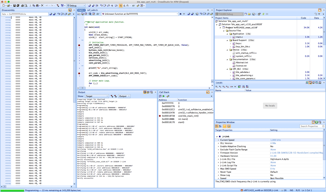 CrossStudio for ARM showing nRF firmware source, disassembly, a debugger call stack, and a successful programming log.