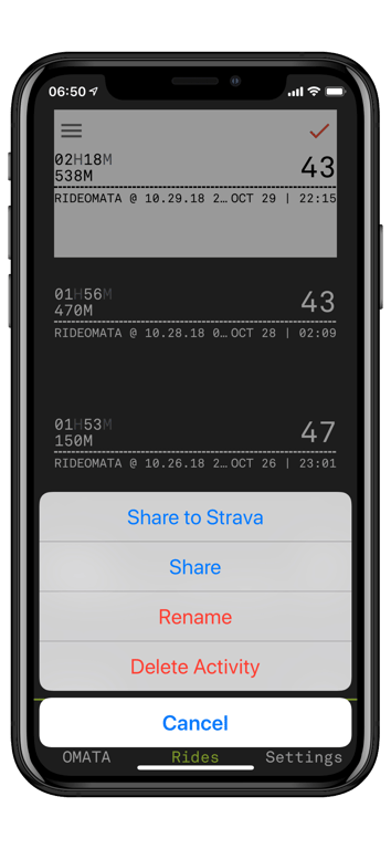 OMATA Utility App release screenshot showing ride data.