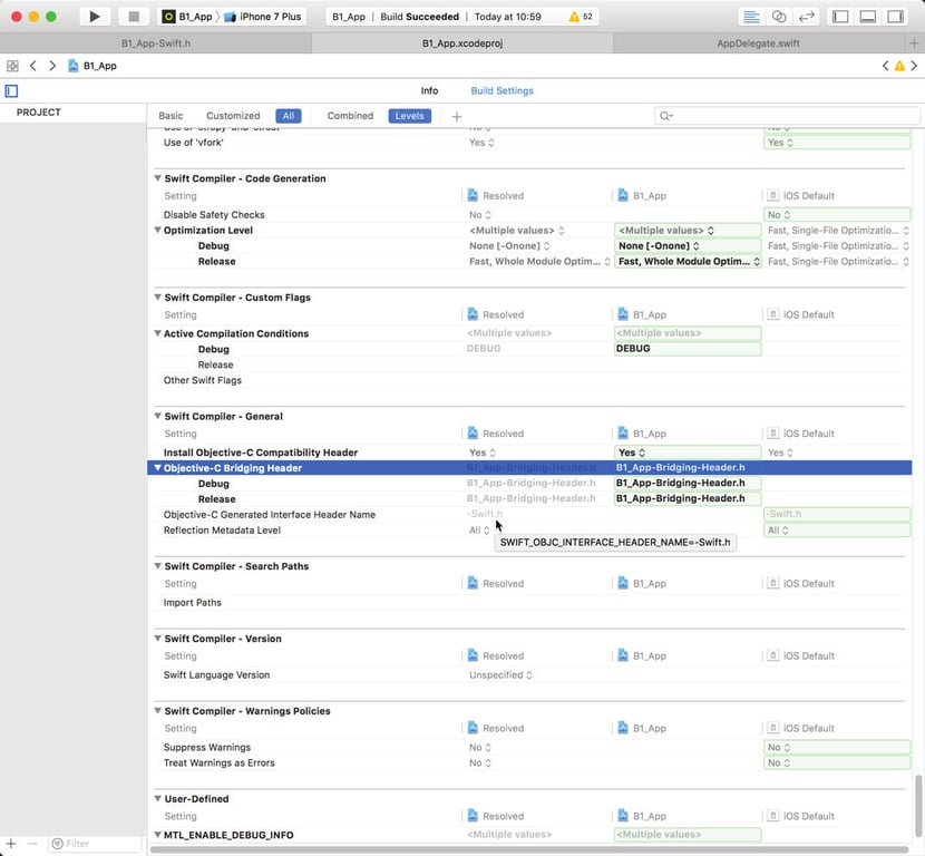 Xcode build settings showing the OMATA bridging header and Swift compiler configuration.