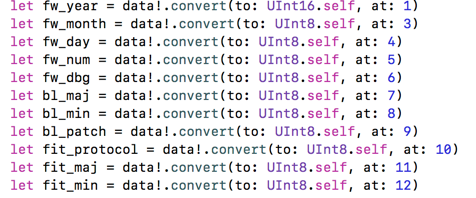 Decoding firmware versions and FIT protocol fields from bytes.