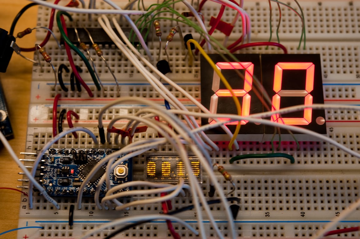 Nokia Trust breadboard prototype with an Arduino, wires, and a seven-segment display.