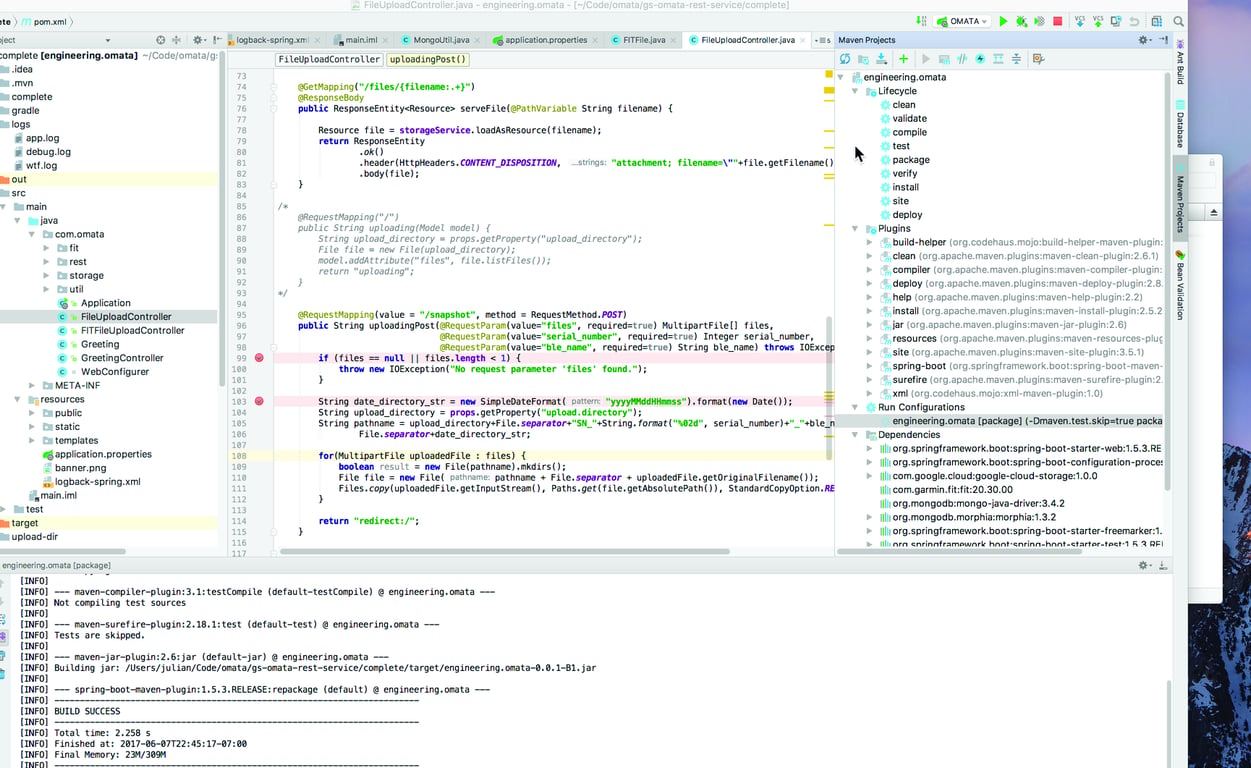 A Java IDE showing OMATA server-side file upload code, project structure, and a successful Maven build.