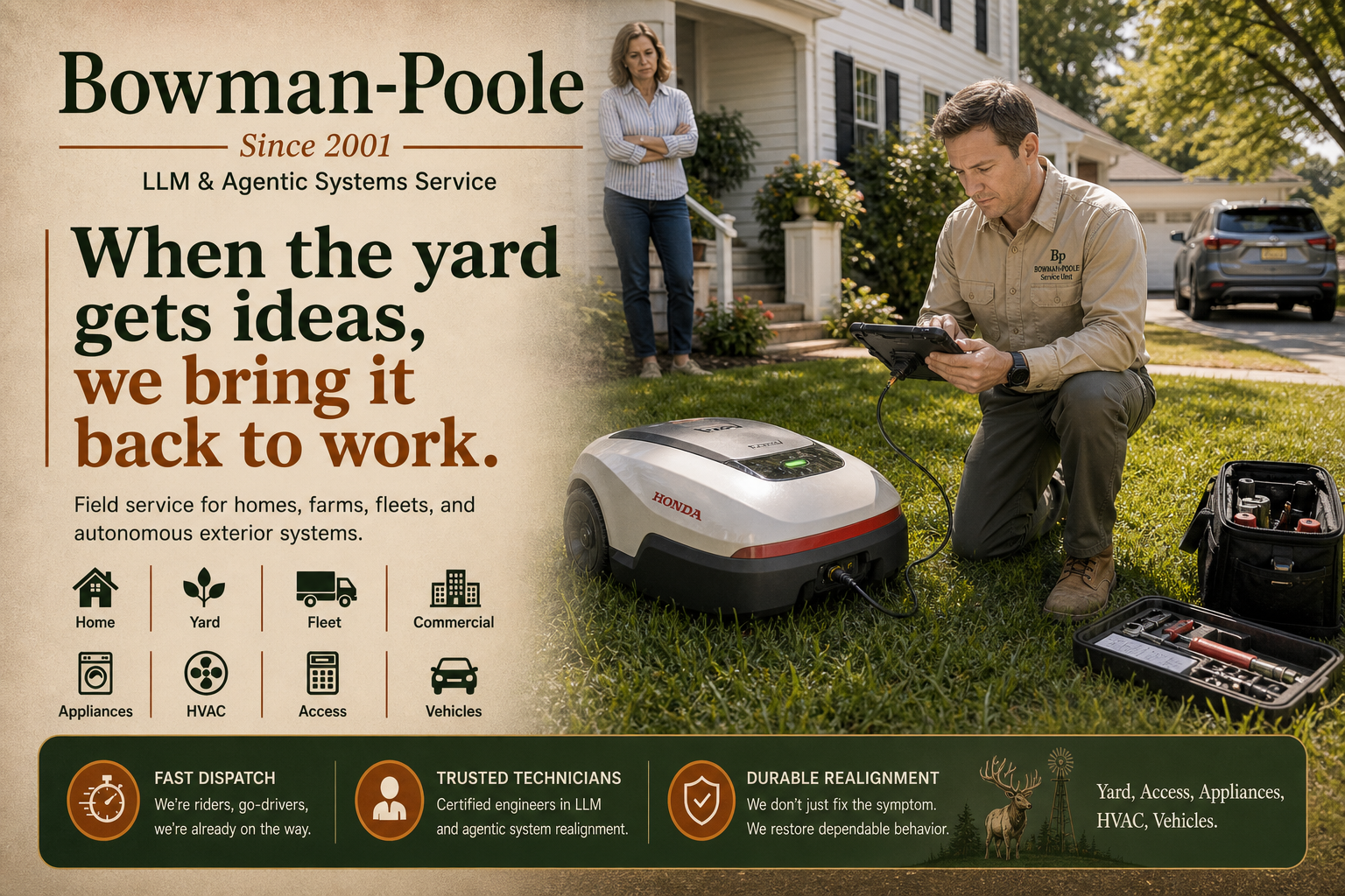 Bowman-Poole Agentic Alignment Service advertisement featuring autonomous lawnmower field service.