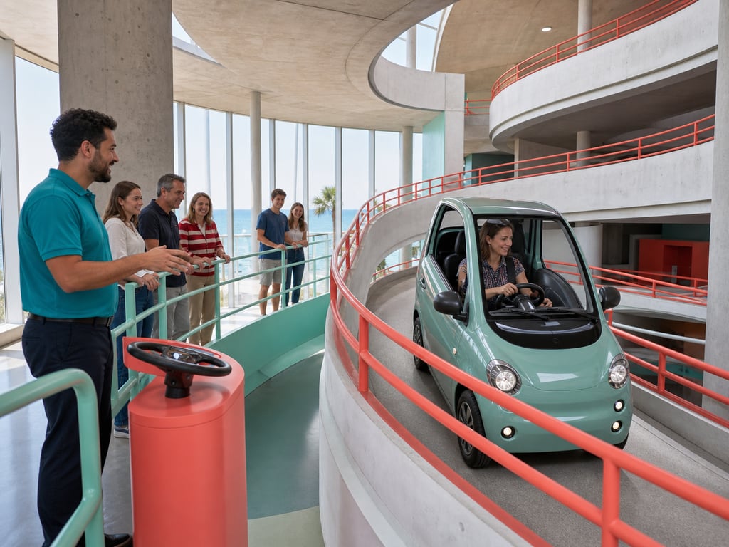 A visitor drives a compact car through a tight vertical parking-garage simulator while a guide and visitors watch.