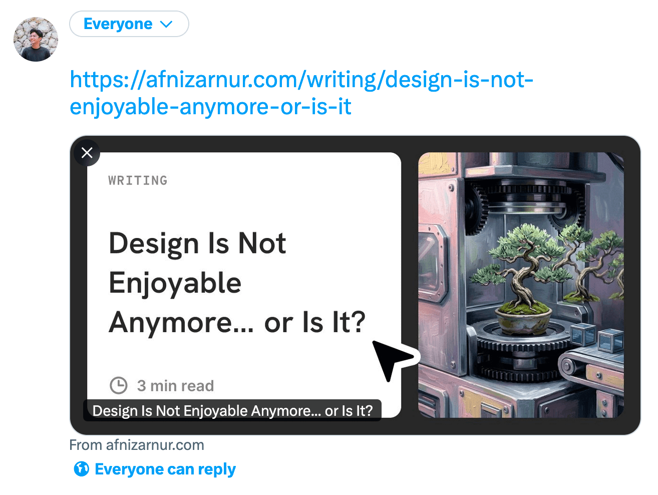 Social media post preview linking to an article titled ‘Design Is Not Enjoyable Anymore… or Is It?’ showing a thumbnail illustration of a bonsai tree placed inside an industrial machine with gears and a conveyor belt.