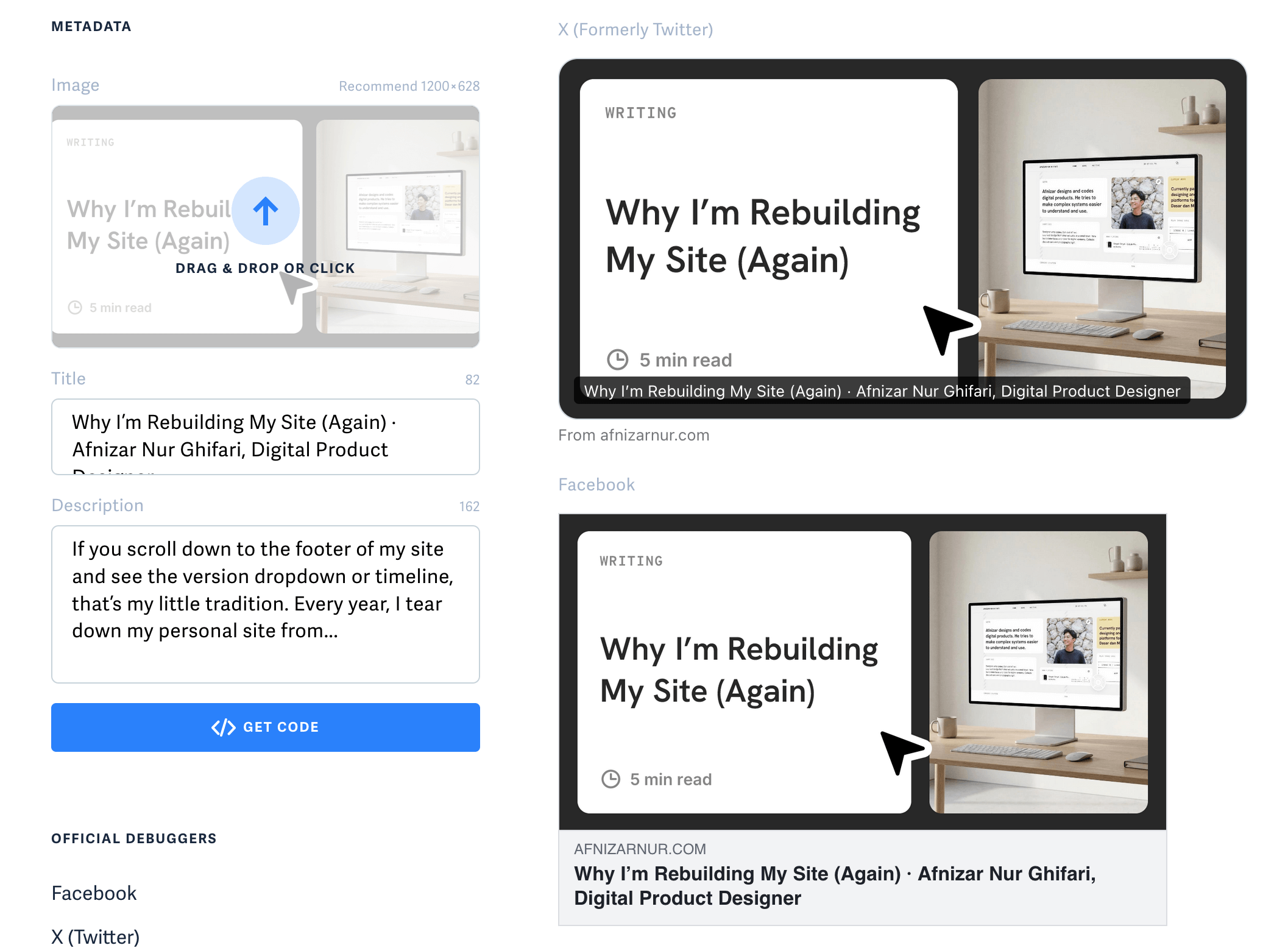 Metadata preview tool showing fields for image, title, and description alongside social media previews of an article card titled ‘Why I’m Rebuilding My Site (Again)’ with a 5-minute read label and a desktop website mockup image.