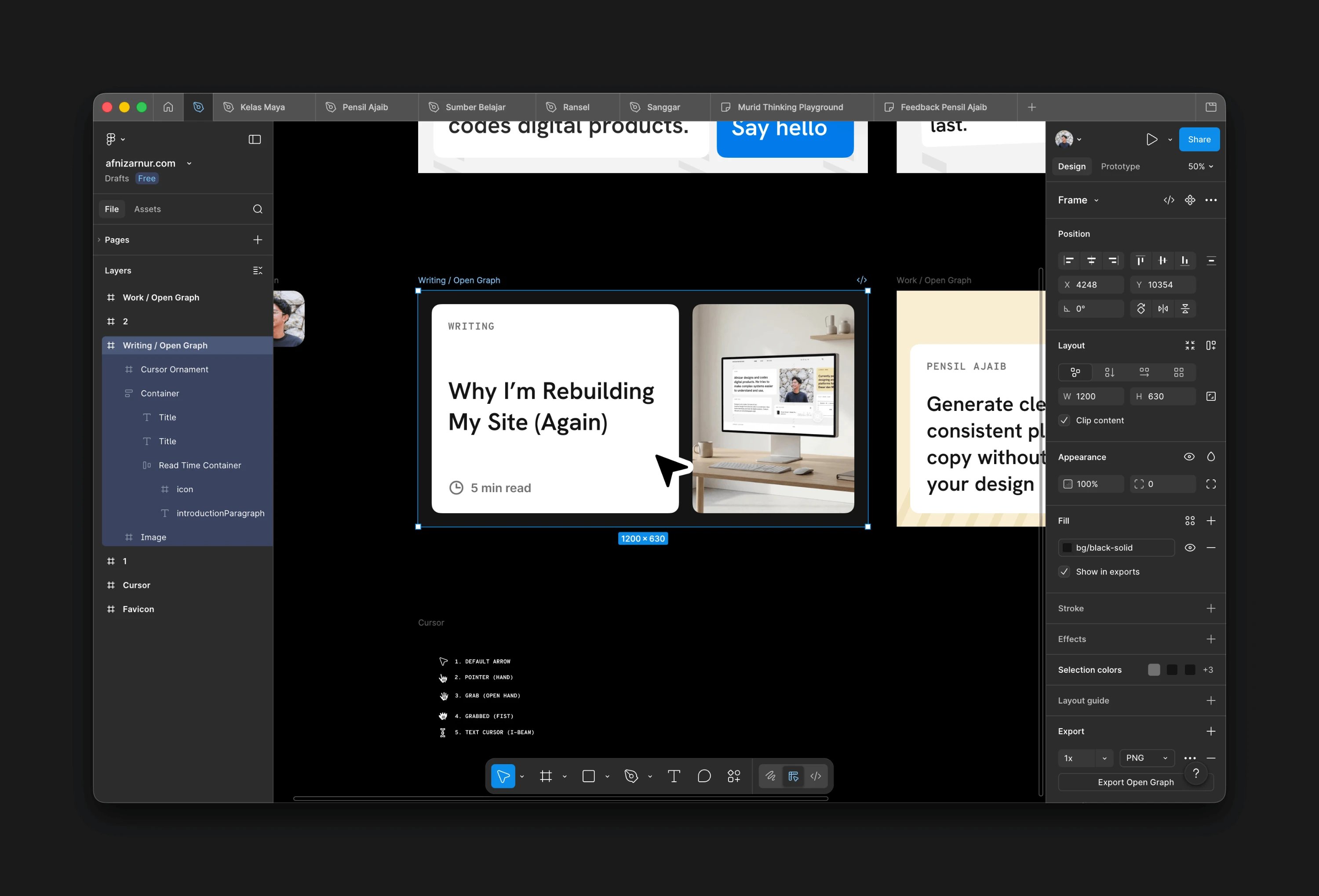 Screenshot of a Figma showing a selected Open Graph preview card titled ‘Why I’m Rebuilding My Site (Again)’ with a 5-minute read label and a website mockup image, alongside the interface panels for layers, properties, and export settings.