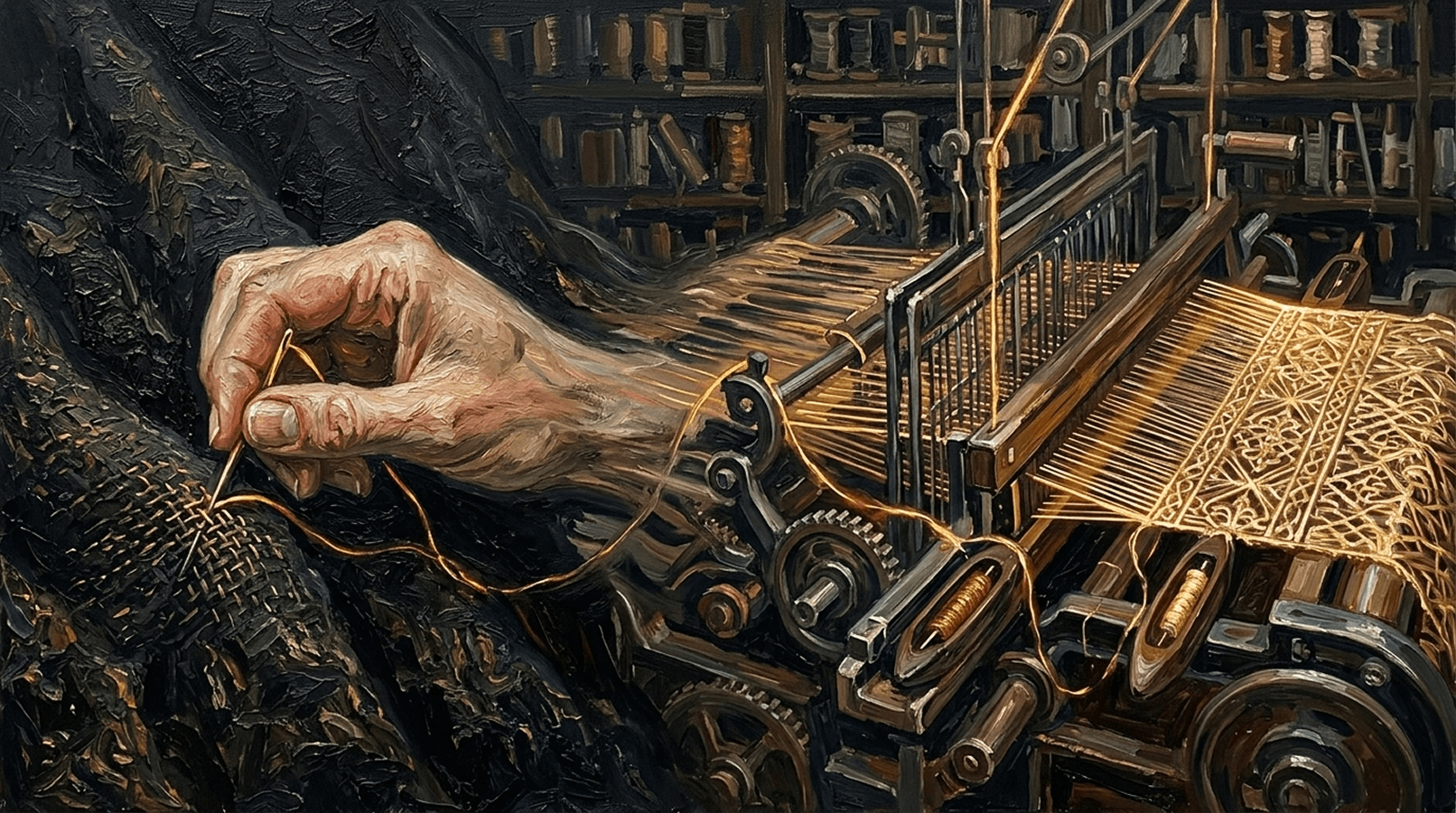 llustrated close-up of a hand guiding golden thread through a traditional mechanical loom, weaving an intricate patterned fabric among gears and wooden spools, suggesting craftsmanship combined with machinery.