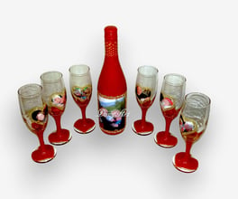 Комплект бутилка и 6 чаши за бяло вино със снимки в червено