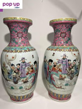 Двойка големи, китайски, порцеланови вази Qianlong Famille Rose Mandarin.