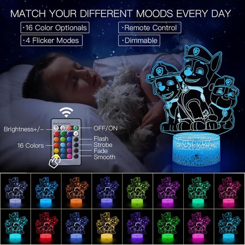 3D LED нощна лампа Paw Dog Patrol,16 цвята, които се променят с дистанционно управлени