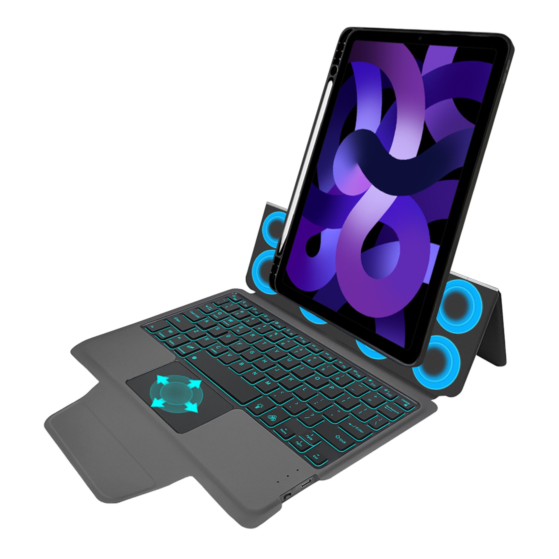 Techsuit - KeyTab Pro (с RGB безжична клавиатура/държач за писалка) - iPad Air 4 (2020)/Air 5 (2022)/Air 11В (2024)В - черен