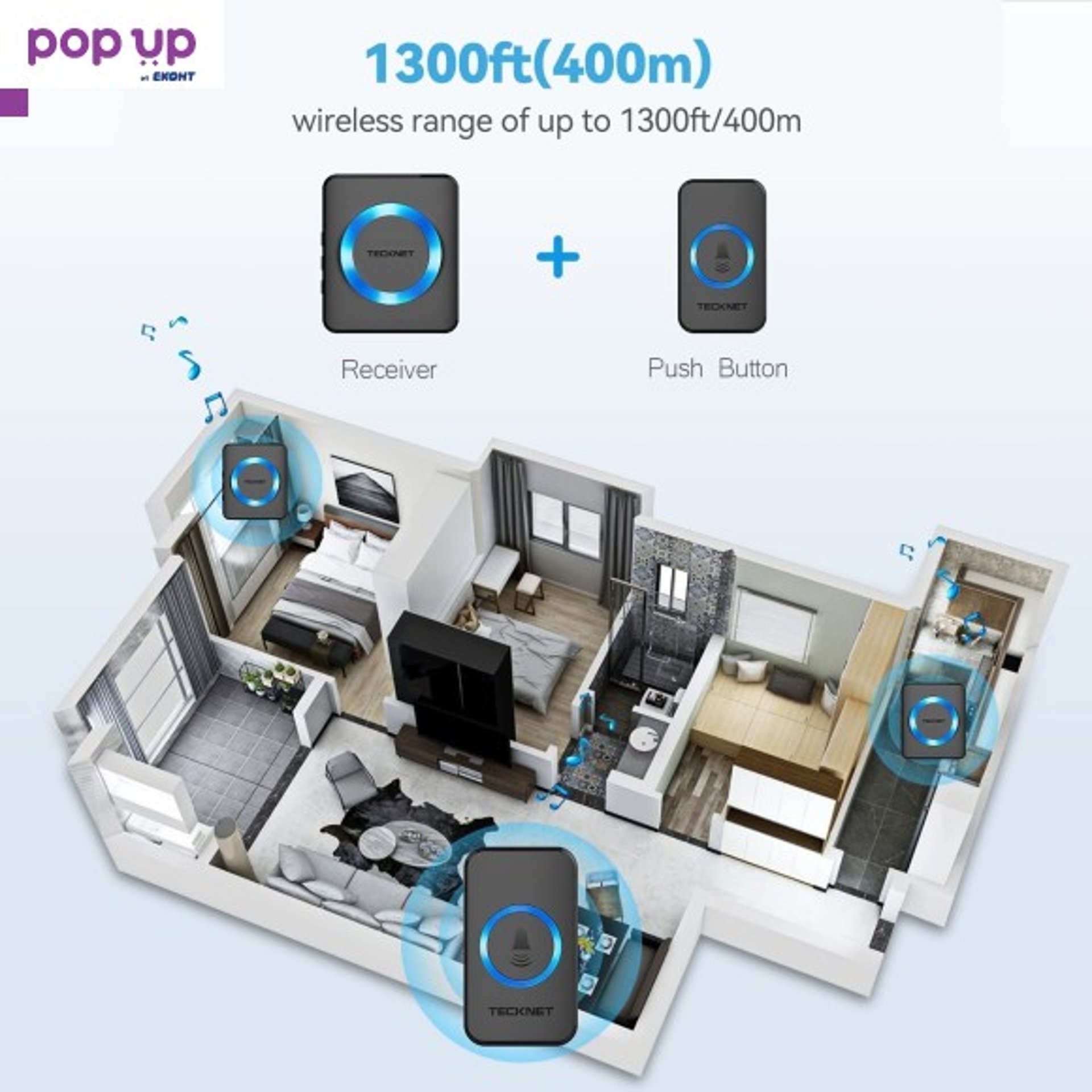 TECKNET безжичен звънец с две вътрешни тела 300м обхват